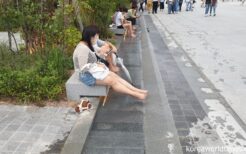 光化門広場の年表が刻まれた水路で涼を取る女性